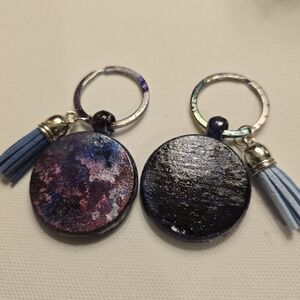 2 HANDCRAFTED Wood Keychains HANDPAINTED Keyrings W/ Dangle Tassles Multi Color